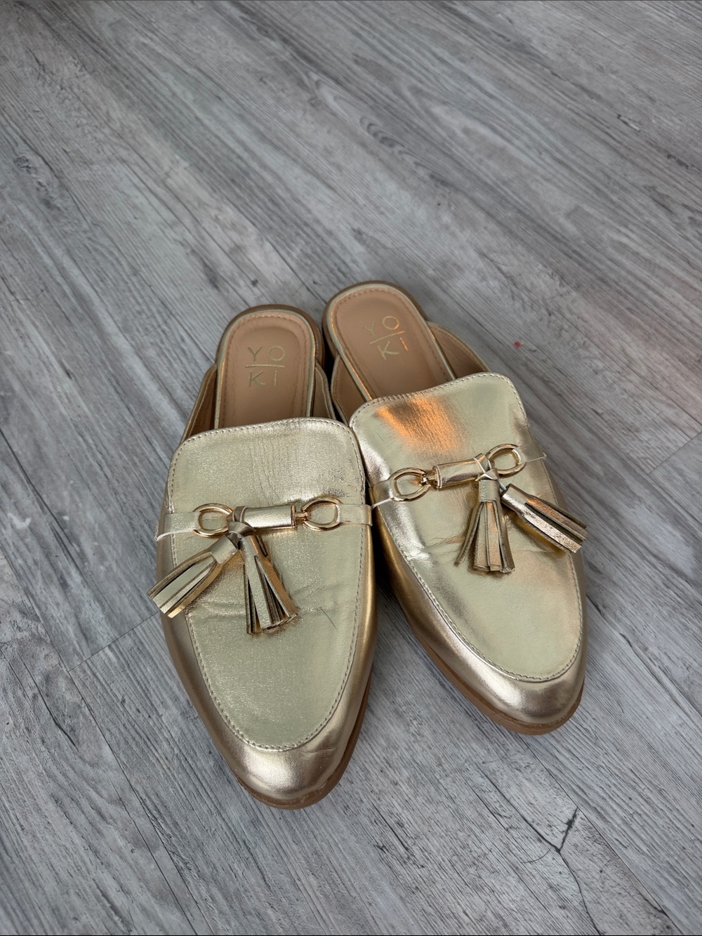 Yoki Metallic Gold Tassel Slip-On Mules